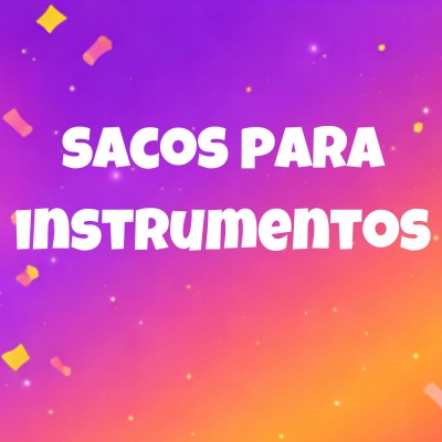 Texto SACOS PARA INSTRUMENTOS em branco sobre fundo roxo a laranja com confetes amarelos e cor-de-rosa