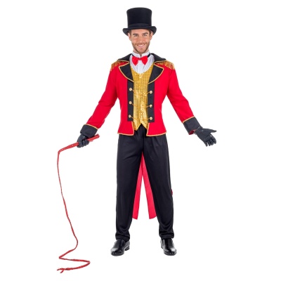 Homem vestido com traje de mestre de cerimónias colorido e cartola