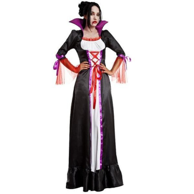 Vestido comprido de vampira preto, branco, vermelho e roxo