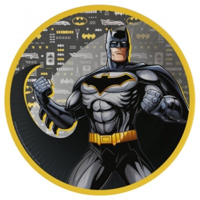 Imagem redonda do Batman com fundo cinzento e amarelo
