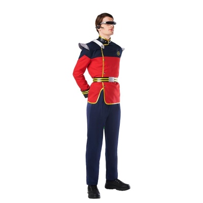 Uniforme formal vermelho e azul com detalhes dourados e óculos futuristas