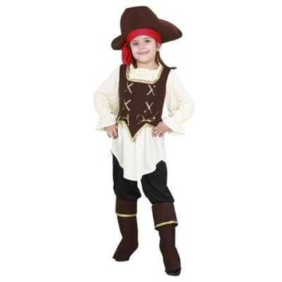 Criança vestida com fato de pirata castanho, creme, preto e vermelho