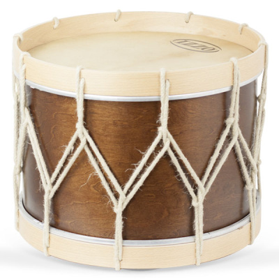 Tambor de madeira com pele esticada e cordas brancas