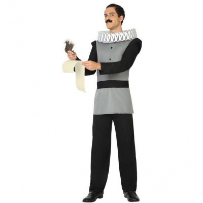 Homem com fato renascentista cinzento e preto, gola branca rendada, segurando pergaminho e pena