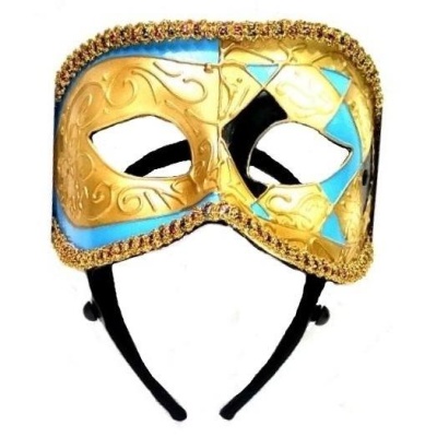 Máscara de carnaval dourada e azul com detalhes ornamentais e suporte preto