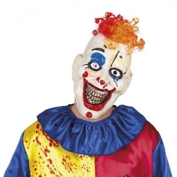 Máscara assustadora de palhaço com cabelo laranja e vestido colorido