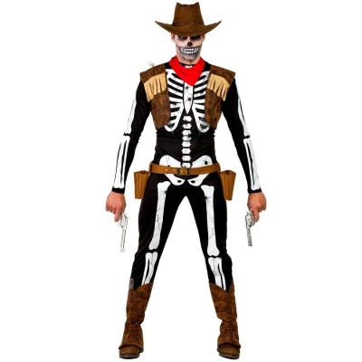 Fato de cowboy esqueleto para Halloween com chapéu castanho e pistolas.