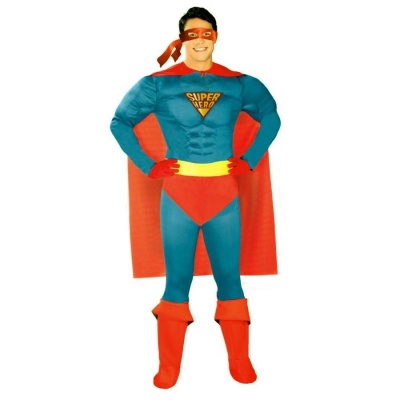 Fato de super-herói azul e vermelho com capa e máscara