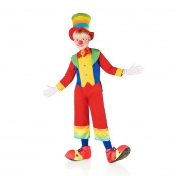 Fantasia de palhaço colorida para criança com chapéu e sapatos grandes