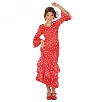 Criança com vestido vermelho de bolinhas brancas com folhos