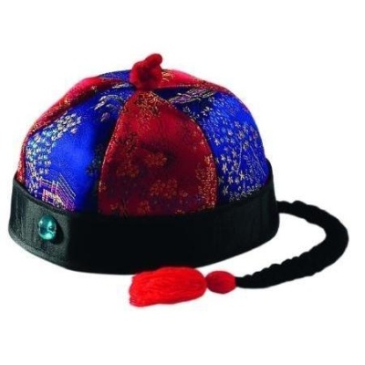 Chapéu tradicional chinês azul e vermelho com aba preta e borla vermelha