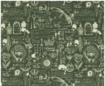 Padrão vintage com desenhos científicos e esotéricos em verde e branco