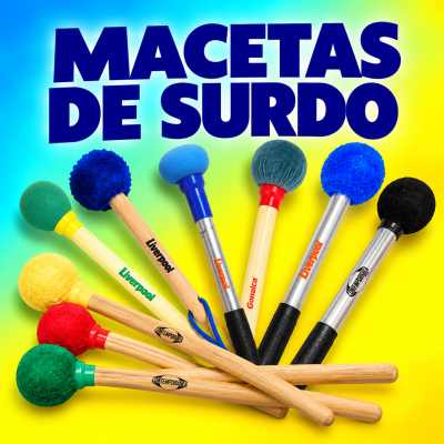 Baquetas para surdo coloridas com marcas Liverpool, Contemporânea e Gonalca sobre fundo colorido.
