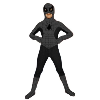 Fato de Homem-Aranha preto para criança com padrão de teia e símbolo de aranha no peito