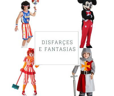 Coleção de quatro fantasias de disfarce incluindo palhaço, rato, cavaleiro e figura com balão colorido