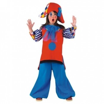 Criança em fato colorido de palhaço com calças azuis largas e chapéu multicolor