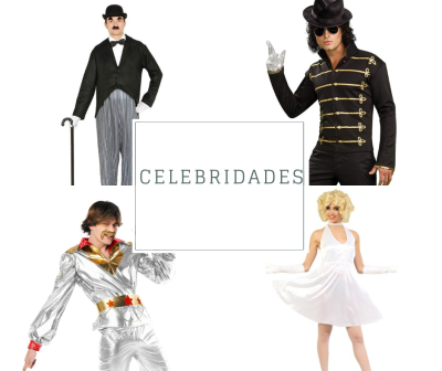 Quatro pessoas em fatos de celebridades com texto CELEBRIDADES no centro