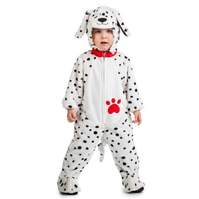 Fato de Carnaval para criança de dálmata branco com pintas pretas e capuz com orelhas