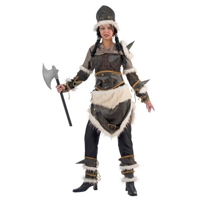 Fato de viking feminino castanho com pêlo bege e chapéu pontiagudo