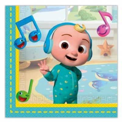 Guardanapo de papel infantil com personagem de bebé e notas musicais coloridas