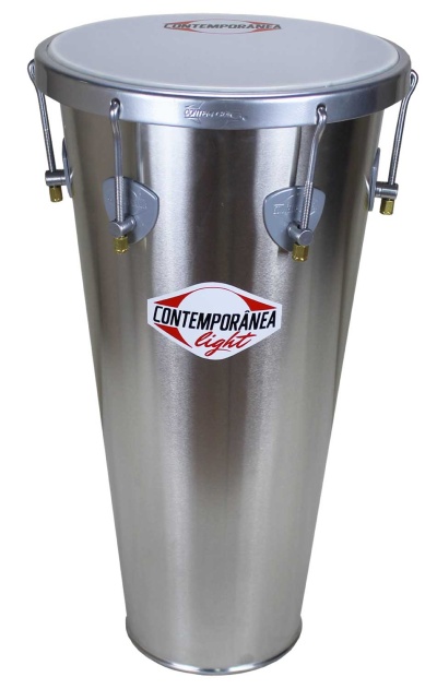 Rebolo cônico prateado com tampa e ferragens, etiqueta com texto CONTEMPORÂNEA light