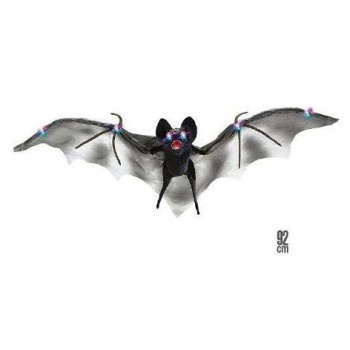 Morcego decorativo de tecido cinzento e preto com detalhes coloridos nas asas e olhos vermelhos