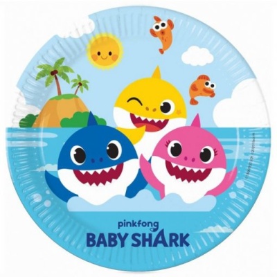 Prato azul com personagens Baby Shark e ilustração colorida
