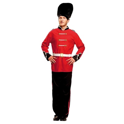 Fato de guarda real vermelho e preto com chapéu alto preto