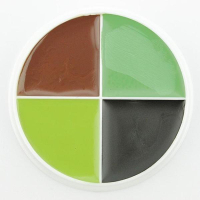 Paleta circular com quatro cores: castanho, verde claro, verde lima e preto.