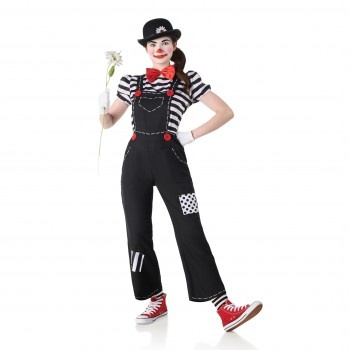 Fato de palhaço com calças pretas, camisa às riscas, laço vermelho e chapéu preto com flor