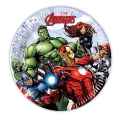 Prato descartável redondo com estampa dos Avengers da Marvel