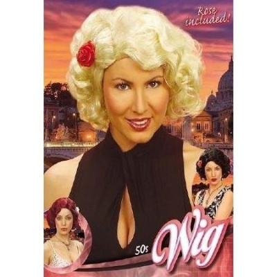Embalagem de peruca estilo anos 50 com peruca loira encaracolada e rosa vermelha