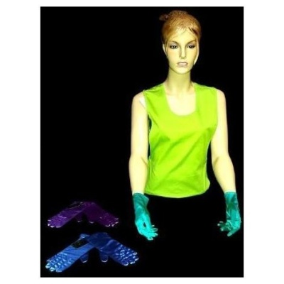Mannequim com camisola verde fluorescente e luvas azuis transparentes