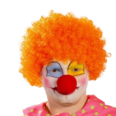 Pessoa com peruca laranja de caracóis, nariz de palhaço vermelho e maquilhagem colorida, vestindo camisa rosa às bolinhas amarelas.