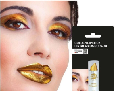 Batom dourado metálico e rosto com maquilhagem dourada nos olhos e lábios