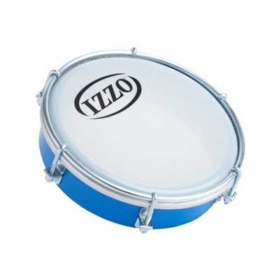 Pandeiro azul com pele branca e aro metálico prateado com logótipo IZZO