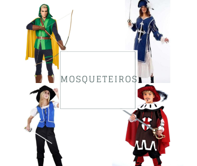 Quatro fatos de mosqueteiros infantis coloridos e o texto MOSQUETEIROS no centro.