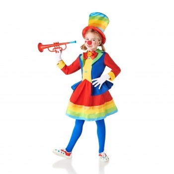 Menina vestida de palhaço com trompete vermelho