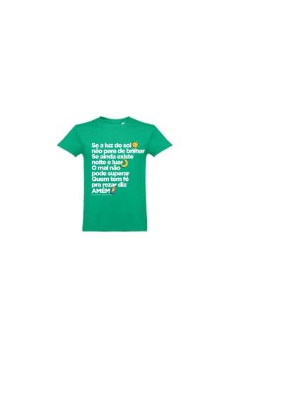 T-shirt verde com texto inspirador e ícones de sol, lua e mãos a rezar