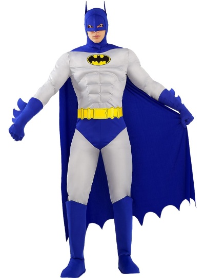 Fato de super-herói Batman em azul e cinza com capa e cinto amarelo