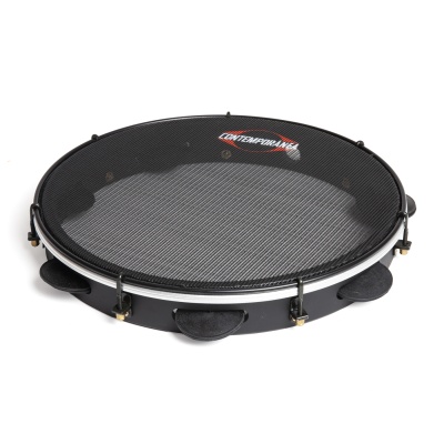 Pandeiro preto com pele e rede preta, com texto CONTEMPORANEA