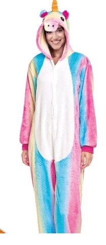 Fato de pijama onesie colorido de unicórnio com capuz e fecho de botões.