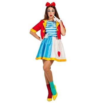 Vestido infantil colorido com casaco vermelho e saia azul e branca