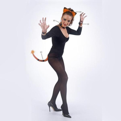 Fantasia feminina com corpo preto, meias pretas, sapatos de salto e acessórios de orelhas e rabo de gato laranja.