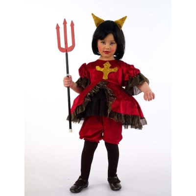 Fato infantil vermelho e preto com detalhes dourados, tiara dourada, peruca preta e tridente vermelho