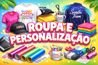 Vários produtos personalizados de roupa e acessórios com textos e cores variadas em cenário alegre.