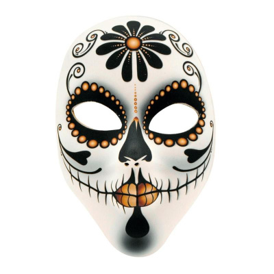 Máscara branca decorada com padrão de caveira mexicana em preto e laranja