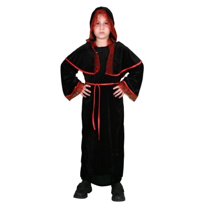 Fantasia infantil de feiticeiro preta com detalhes em vermelho