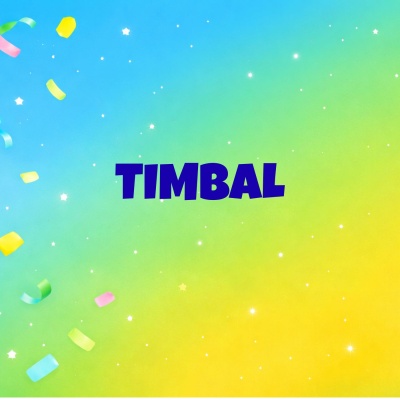 Fundo colorido com estrelas e confetes e texto TIMBAL em azul