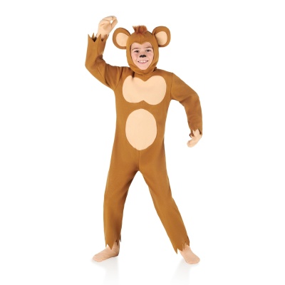 Fato de macaco castanho para criança com detalhes bege e capuz com orelhas grandes